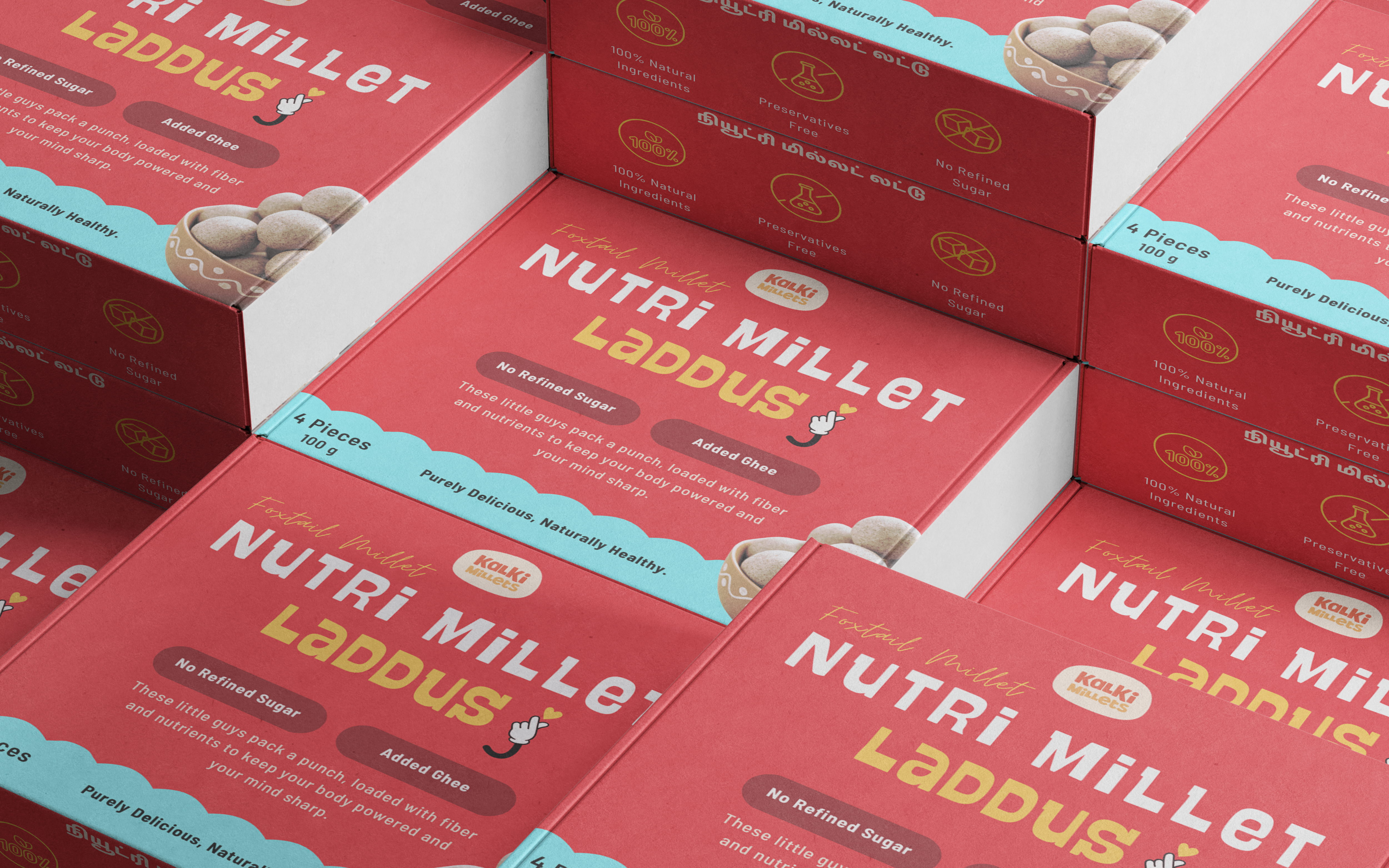 Kalki Millets laddu packaging on display